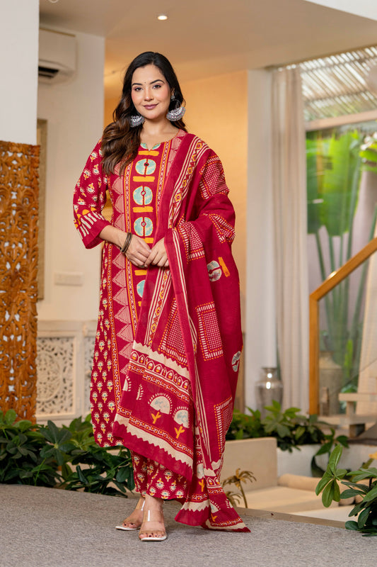 Red Printed Handwork Cotton Suit Set with Dupatta