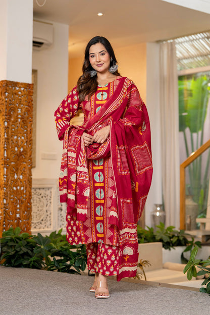 Red Printed Handwork Cotton Suit Set with Dupatta