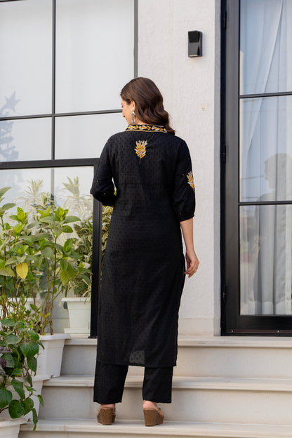 Black Embroidered Cotton Kurta and Pant Set