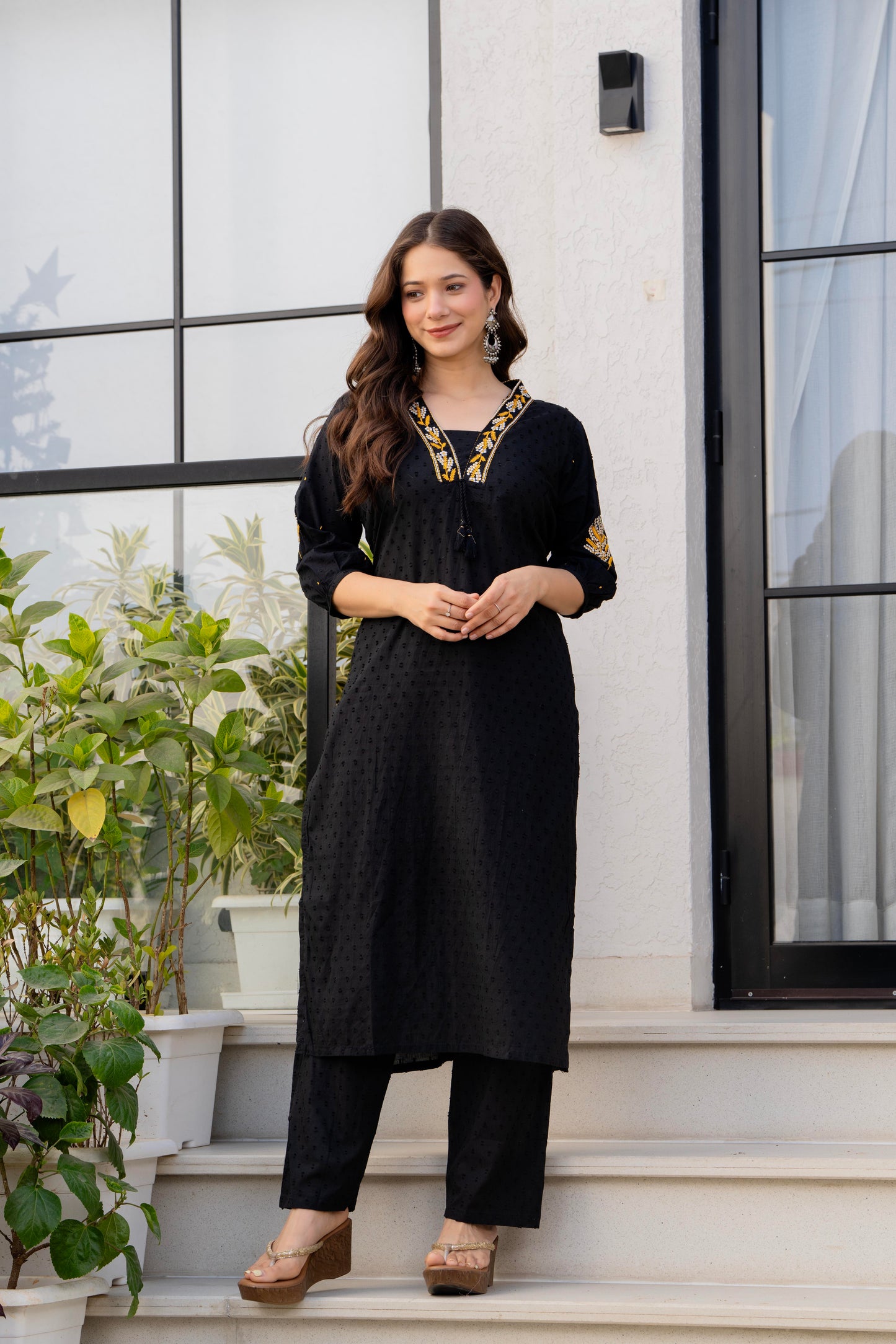 Black Embroidered Cotton Kurta and Pant Set