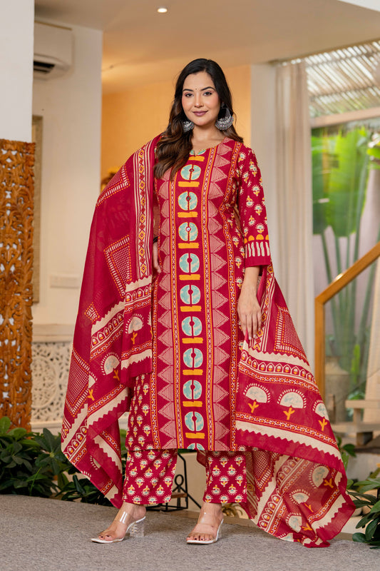 Red Printed Handwork Cotton Suit Set with Dupatta