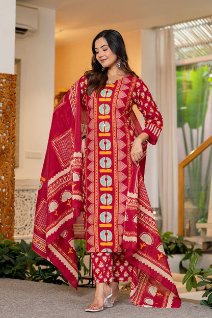 Red Printed Handwork Cotton Suit Set with Dupatta