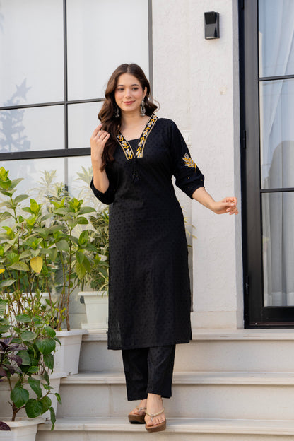 Black Embroidered Cotton Kurta and Pant Set