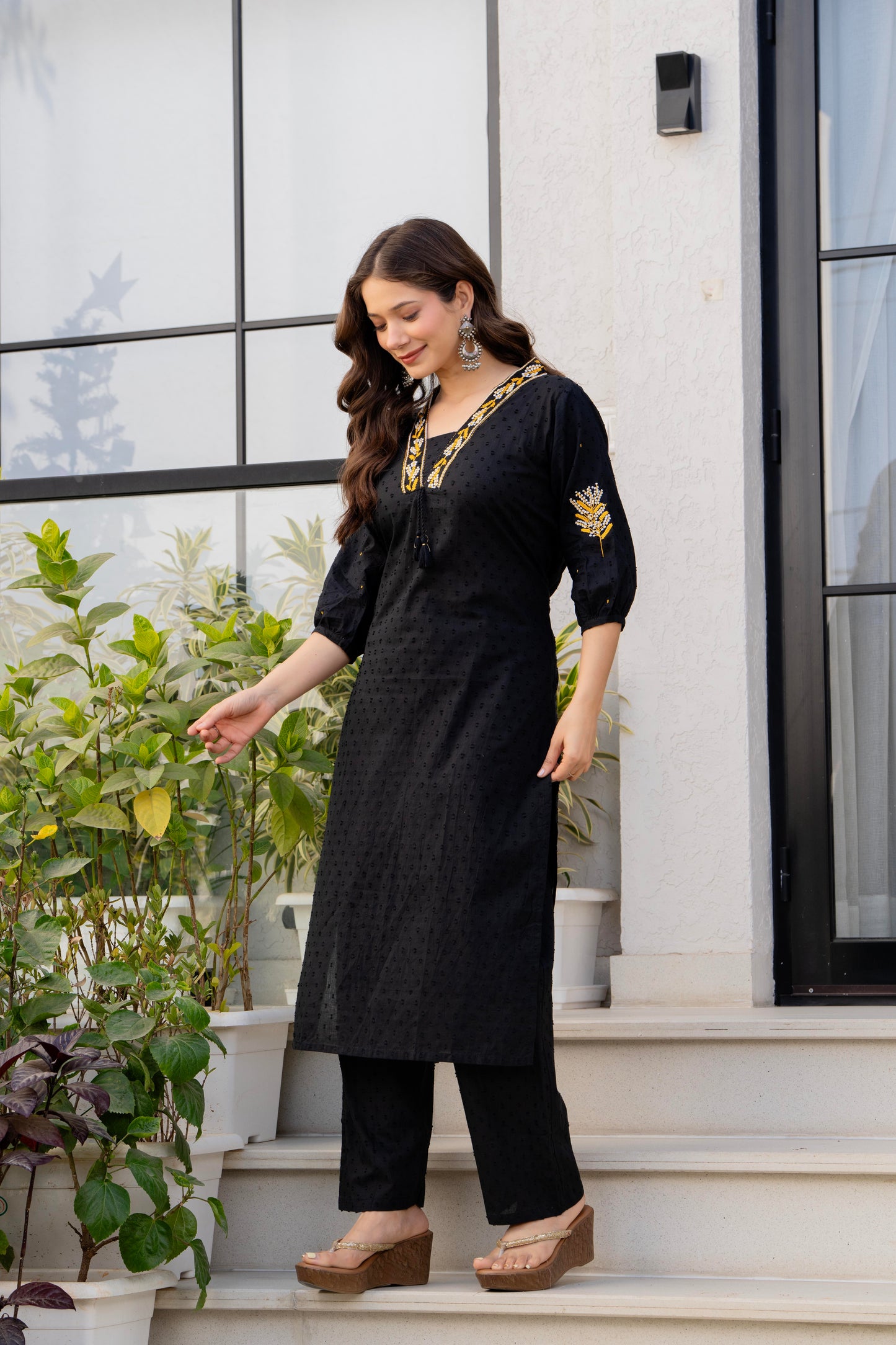 Black Embroidered Cotton Kurta and Pant Set