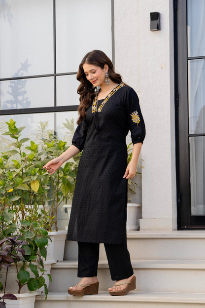 Black Embroidered Cotton Kurta and Pant Set