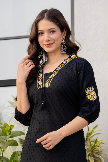 Black Embroidered Cotton Kurta and Pant Set