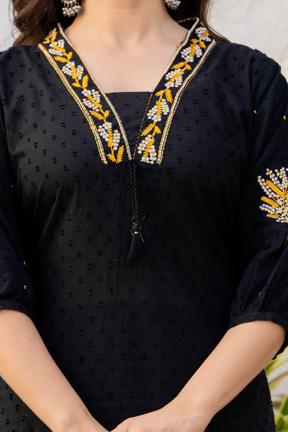Black Embroidered Cotton Kurta and Pant Set