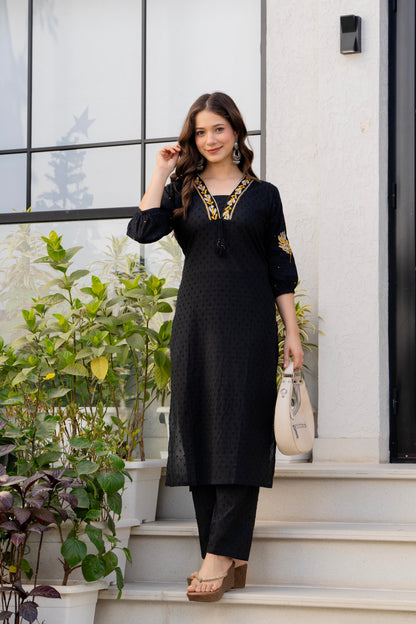 Black Embroidered Cotton Kurta and Pant Set