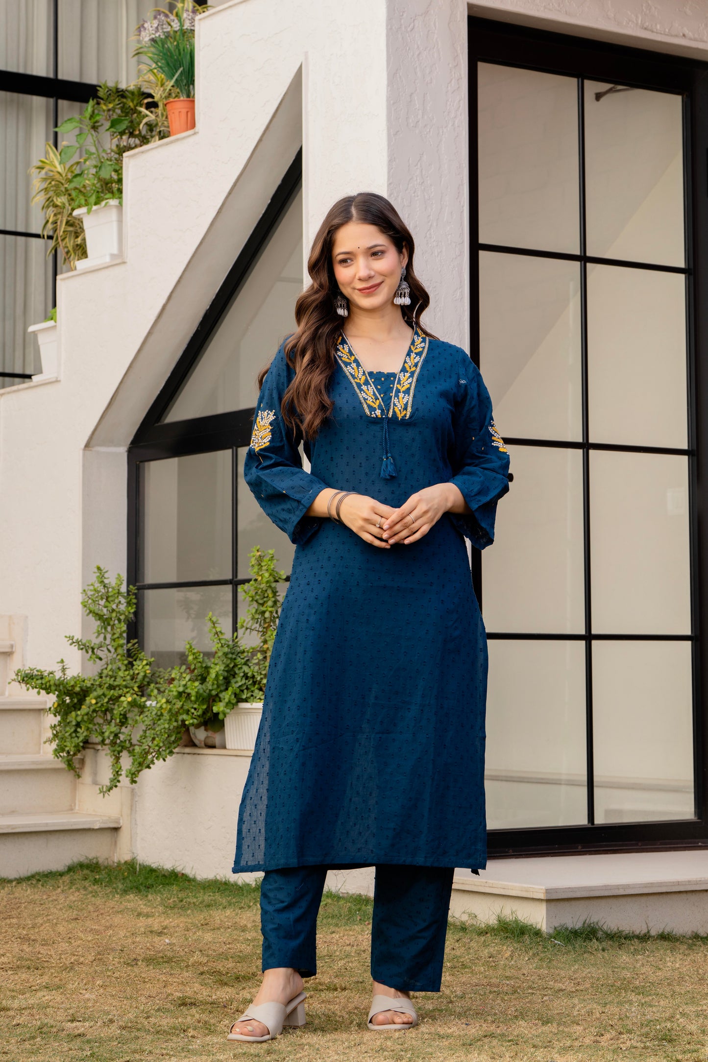 Light Navy Embroidered Cotton Kurta and Pant Set