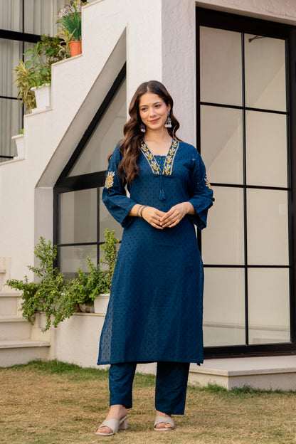 Light Navy Embroidered Cotton Kurta and Pant Set