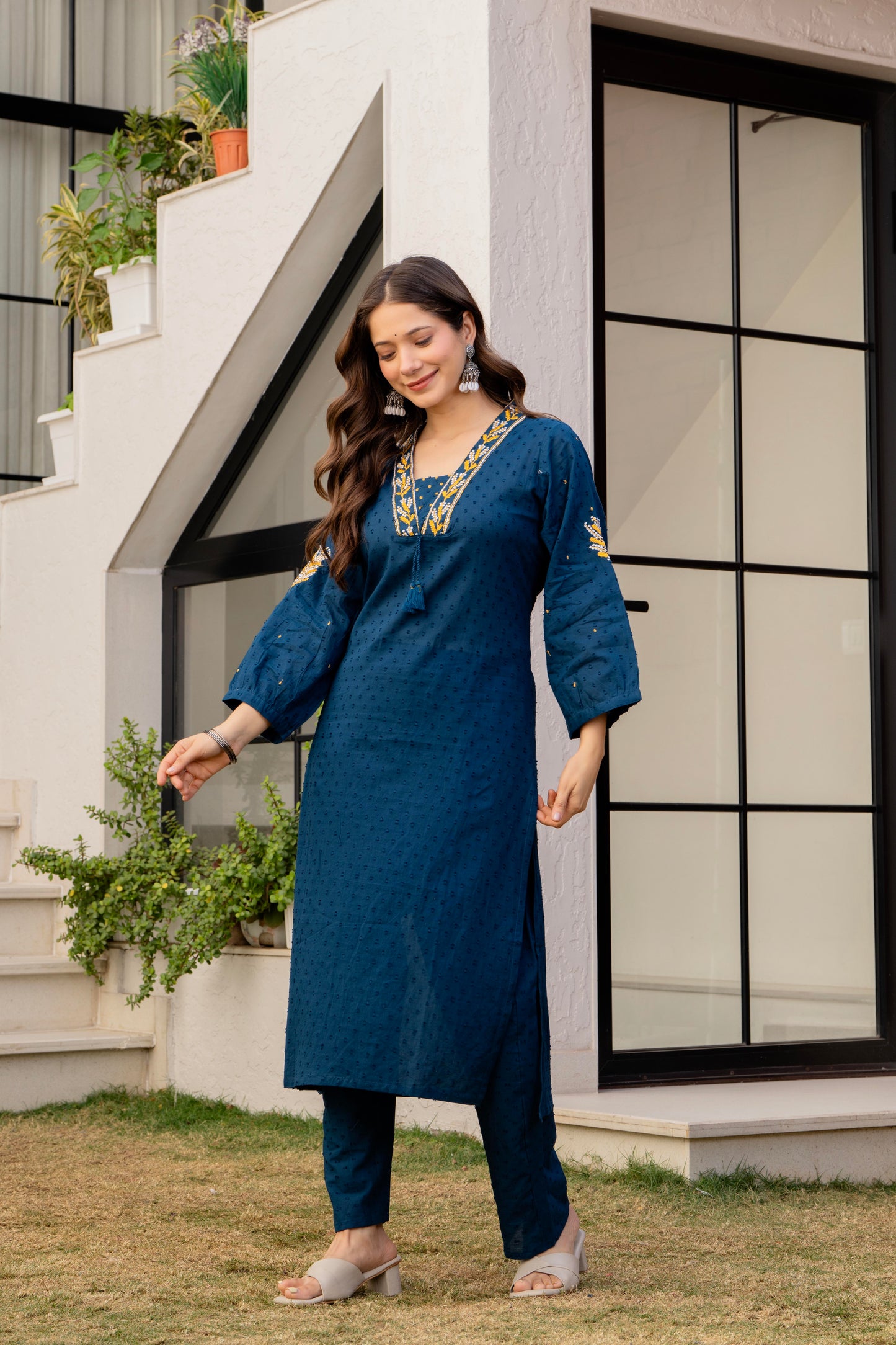 Light Navy Embroidered Cotton Kurta and Pant Set