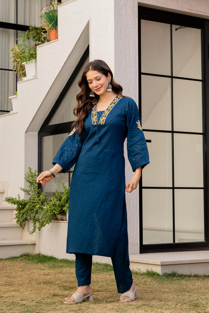 Light Navy Embroidered Cotton Kurta and Pant Set