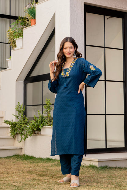 Light Navy Embroidered Cotton Kurta and Pant Set