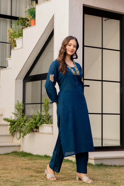 Light Navy Embroidered Cotton Kurta and Pant Set
