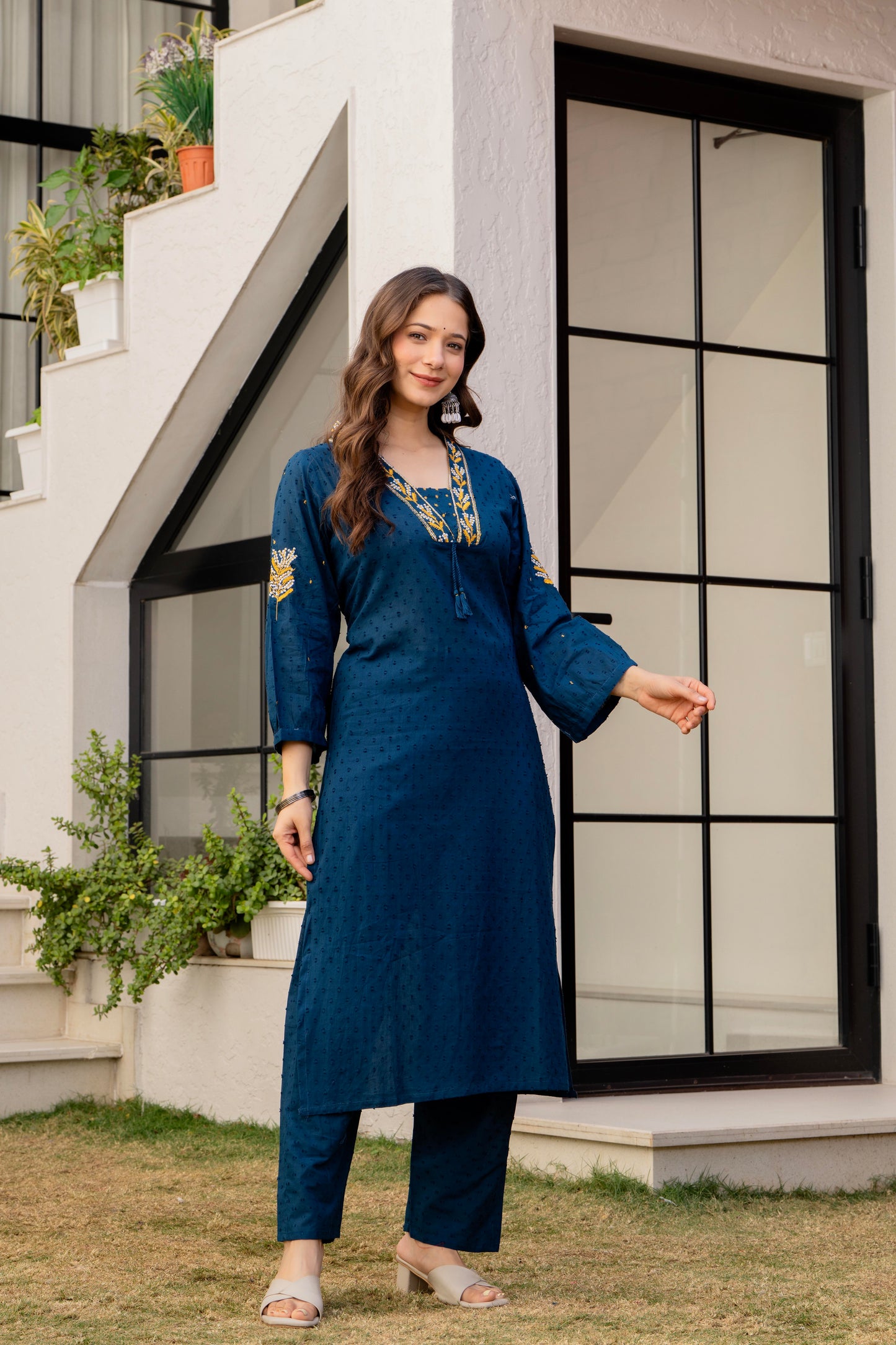 Light Navy Embroidered Cotton Kurta and Pant Set