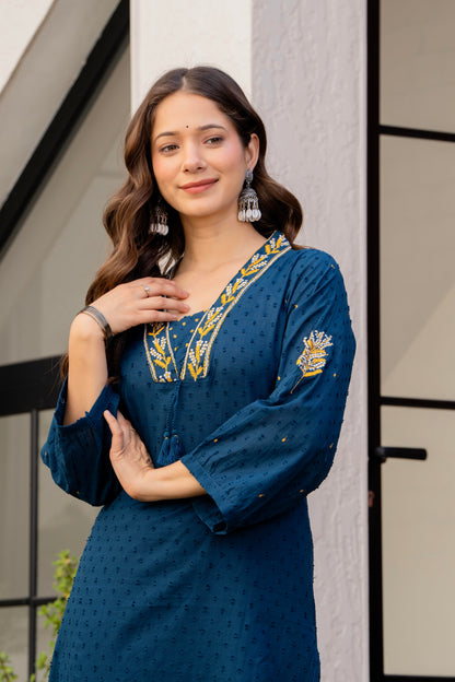 Light Navy Embroidered Cotton Kurta and Pant Set