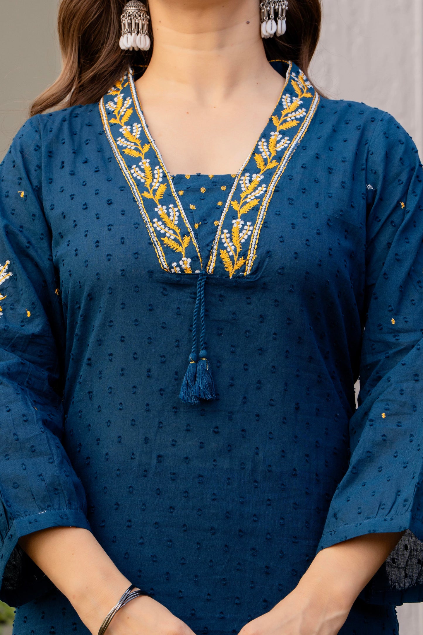 Light Navy Embroidered Cotton Kurta and Pant Set