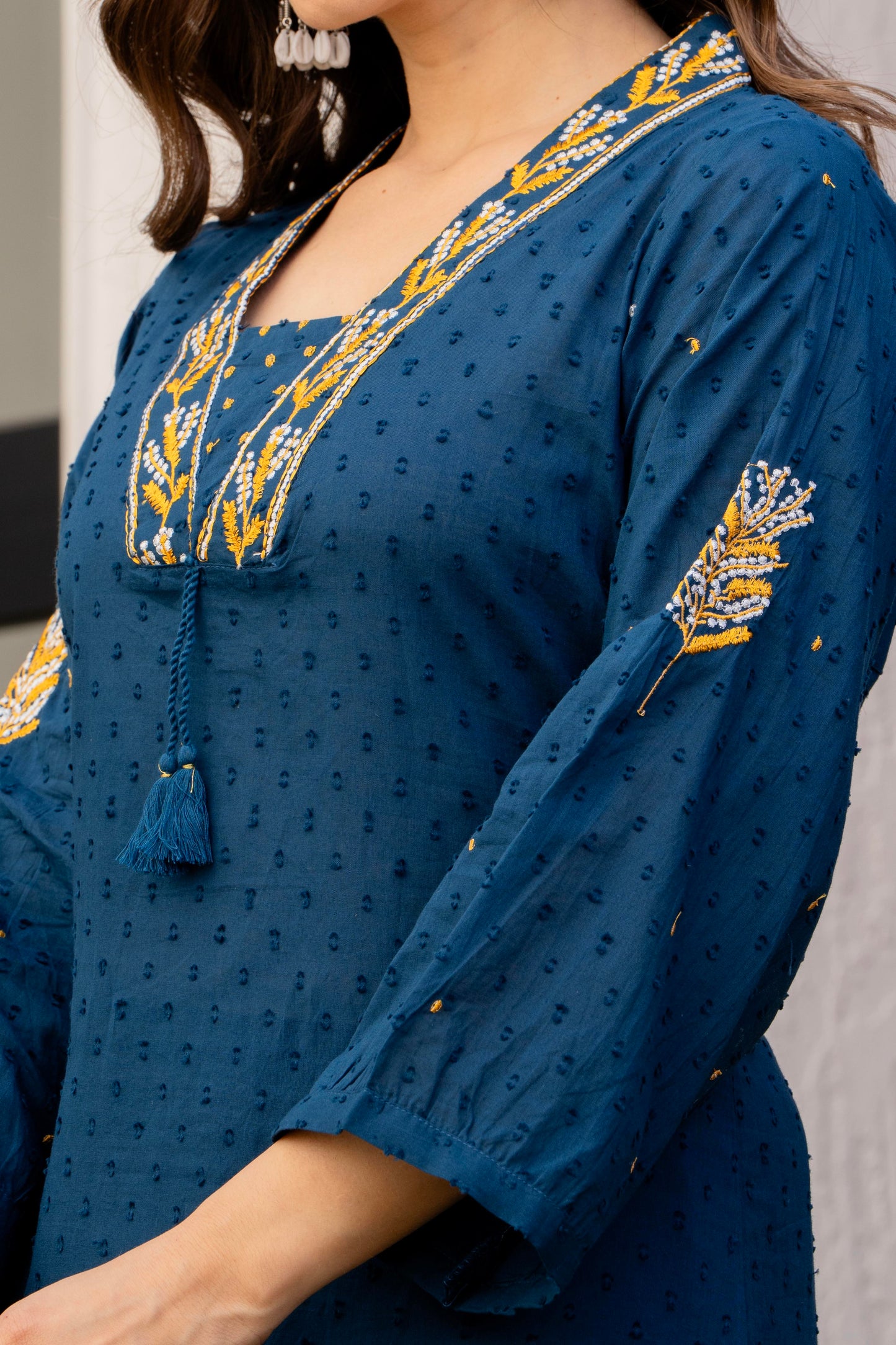 Light Navy Embroidered Cotton Kurta and Pant Set