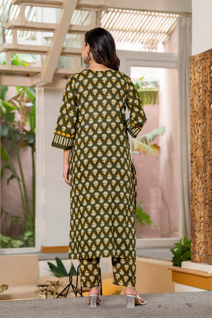 Dark Green Printed Handwork Cotton Suit Set with Dupatta