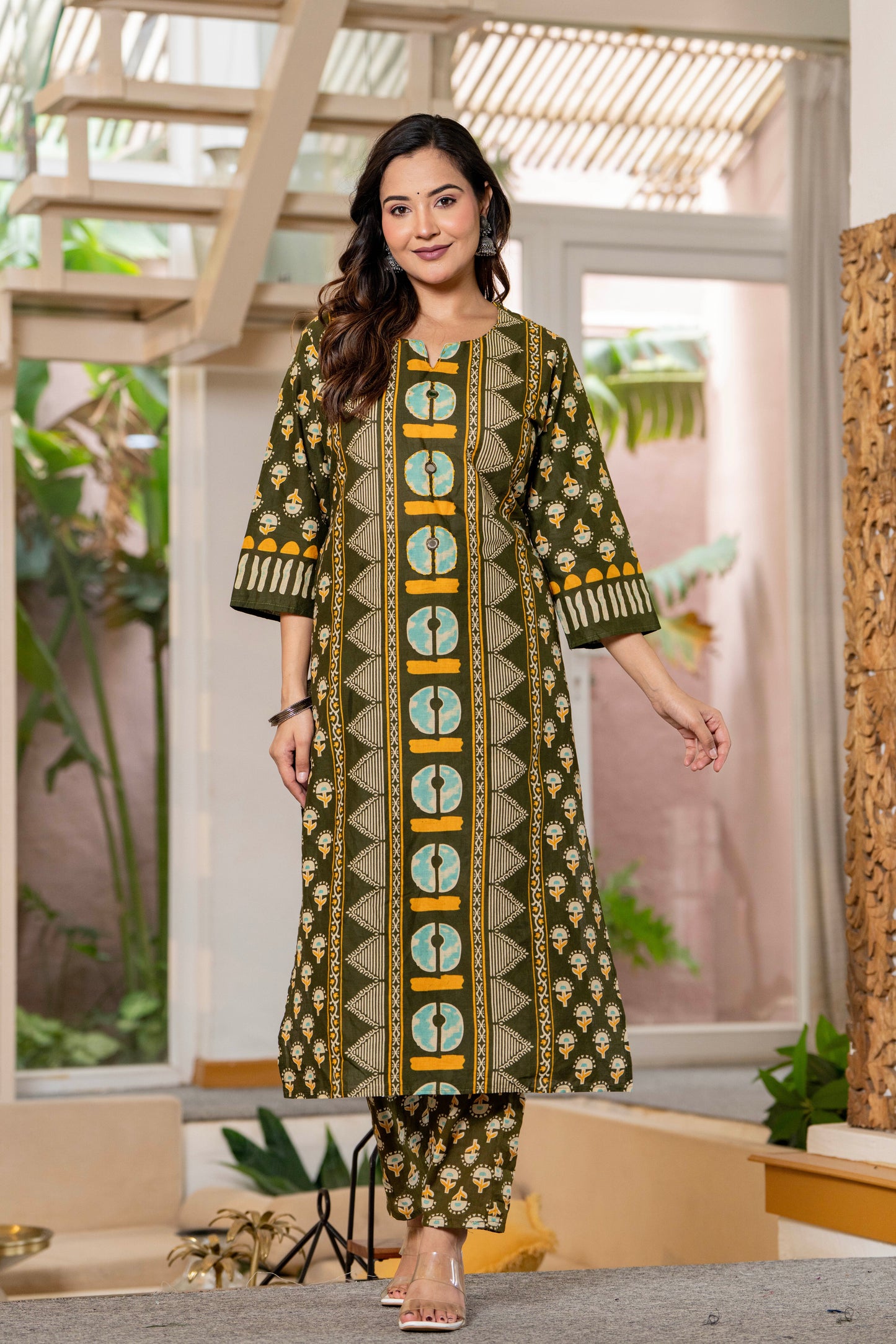Dark Green Printed Handwork Cotton Suit Set with Dupatta