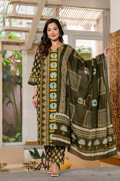 Dark Green Printed Handwork Cotton Suit Set with Dupatta