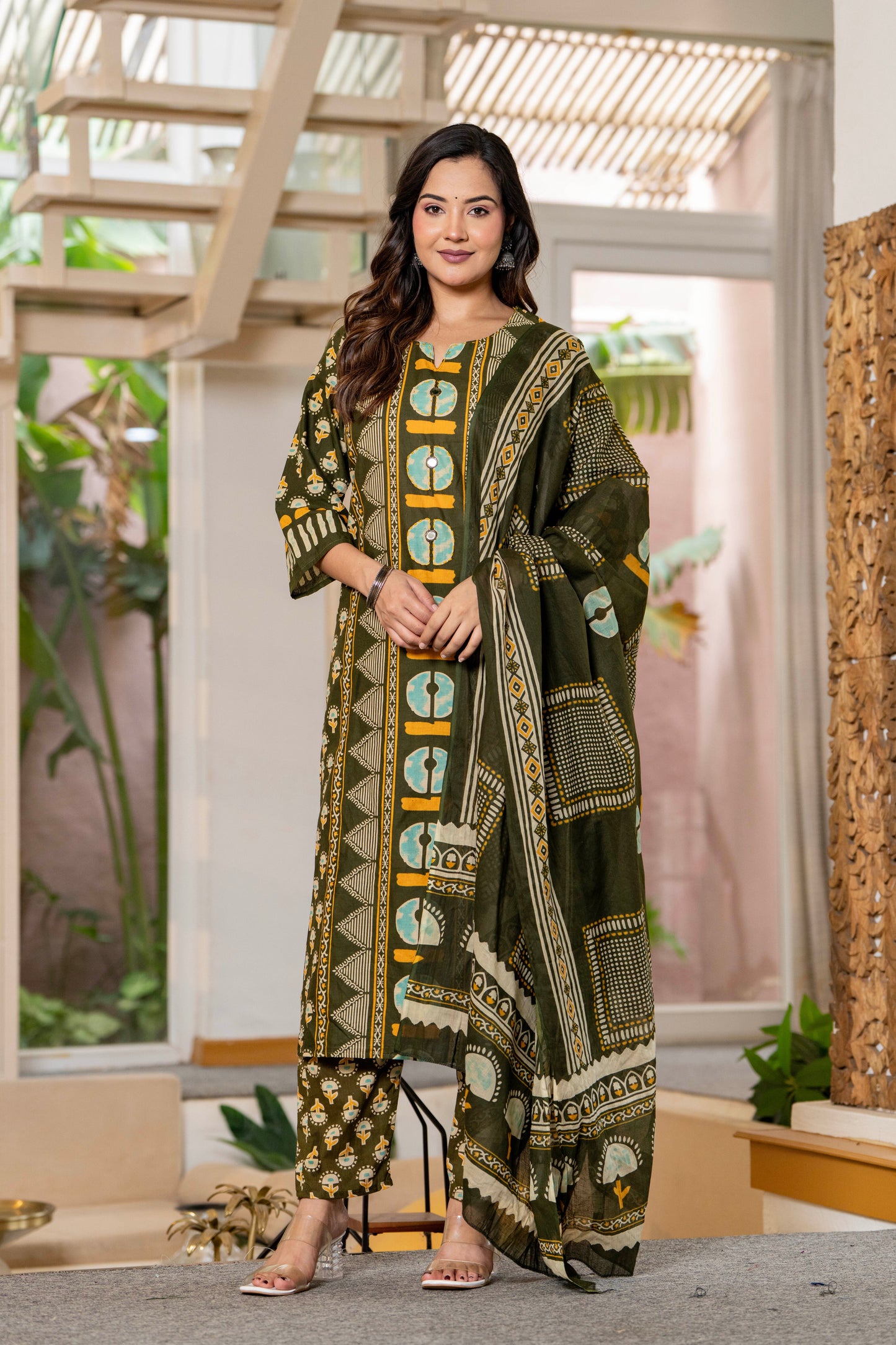 Dark Green Printed Handwork Cotton Suit Set with Dupatta