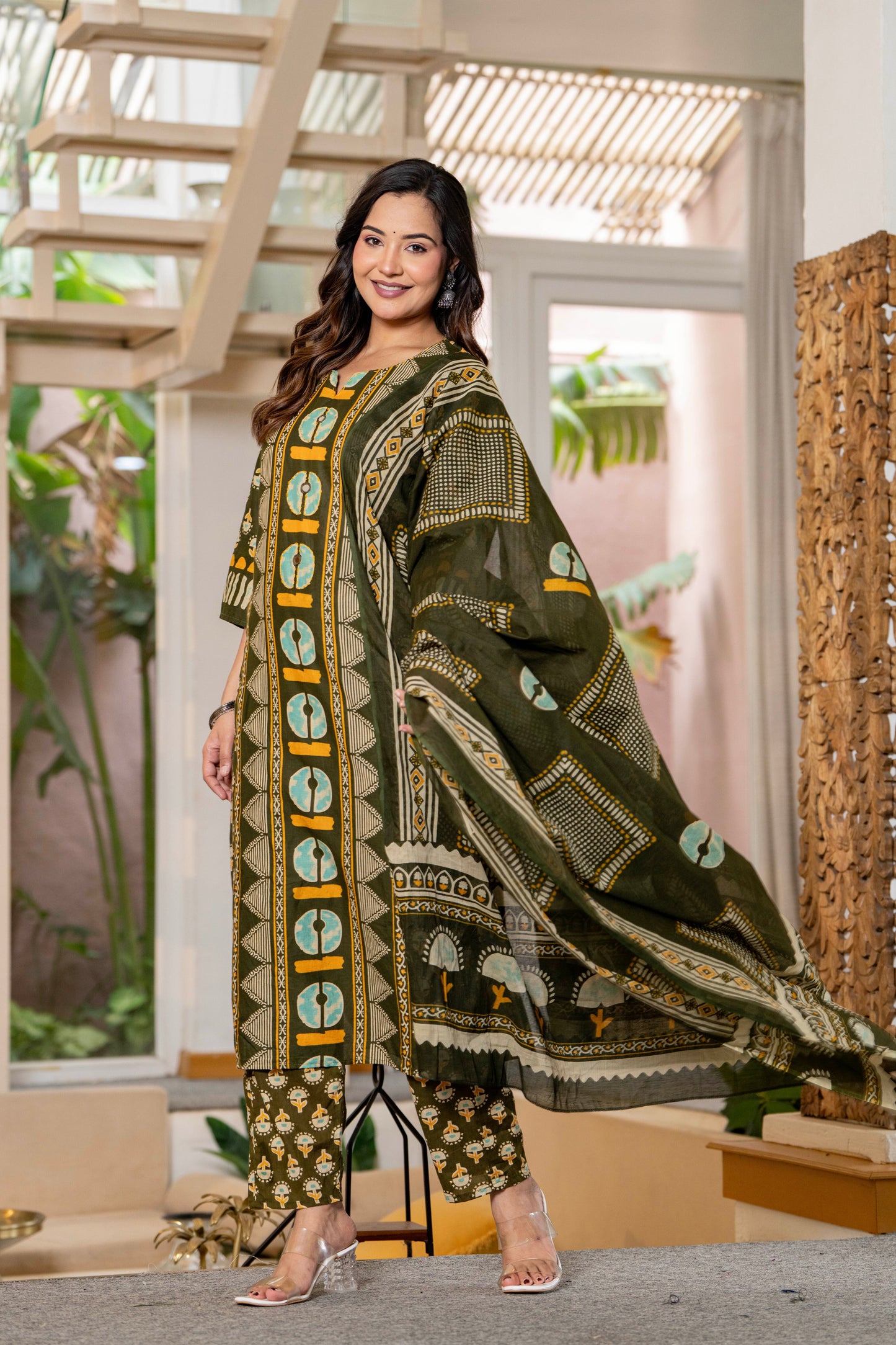 Dark Green Printed Handwork Cotton Suit Set with Dupatta