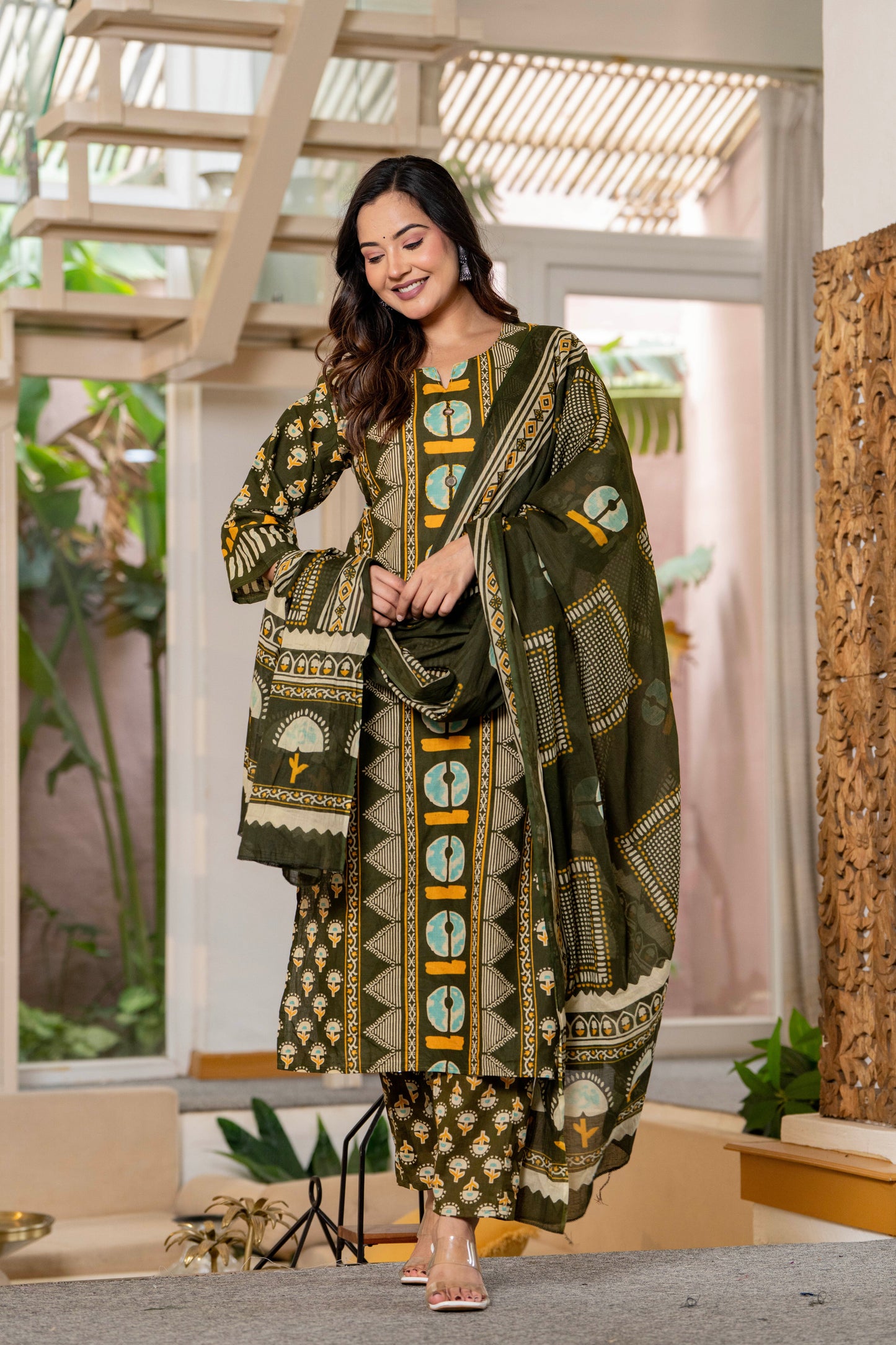 Dark Green Printed Handwork Cotton Suit Set with Dupatta