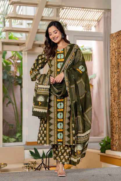Dark Green Printed Handwork Cotton Suit Set with Dupatta