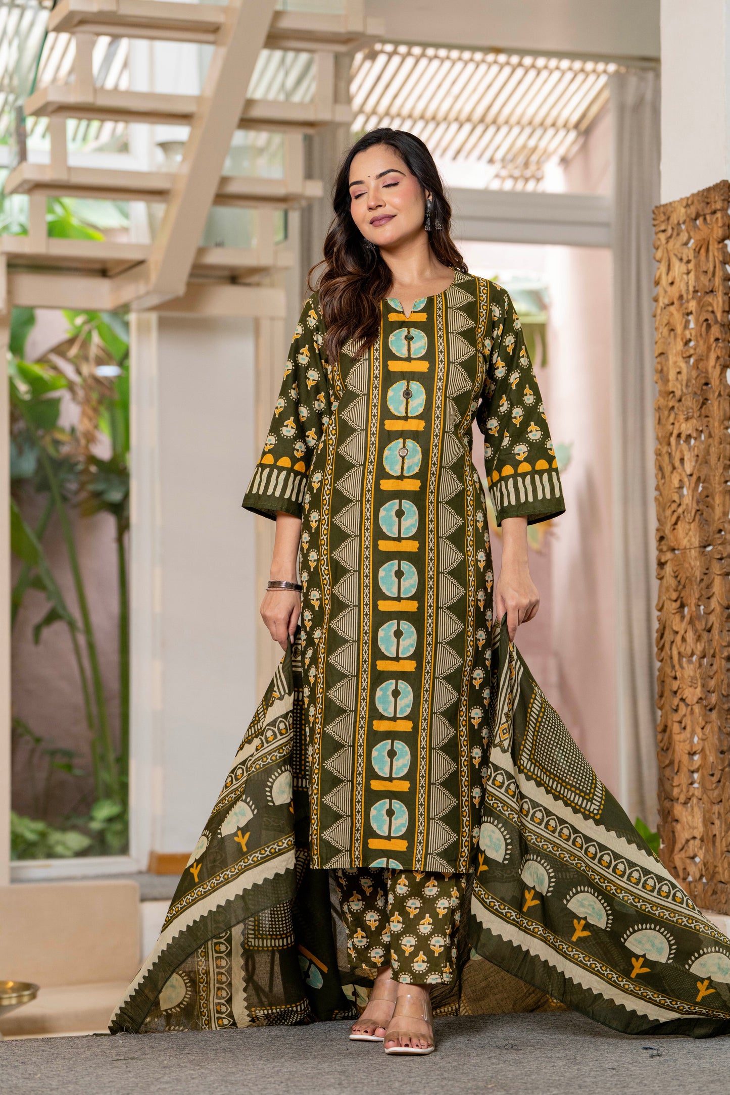 Dark Green Printed Handwork Cotton Suit Set with Dupatta