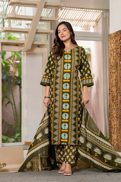 Dark Green Printed Handwork Cotton Suit Set with Dupatta