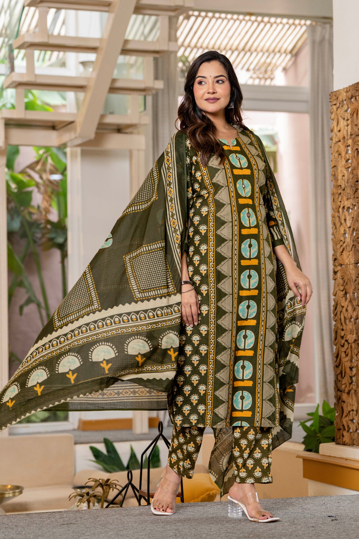 Dark Green Printed Handwork Cotton Suit Set with Dupatta