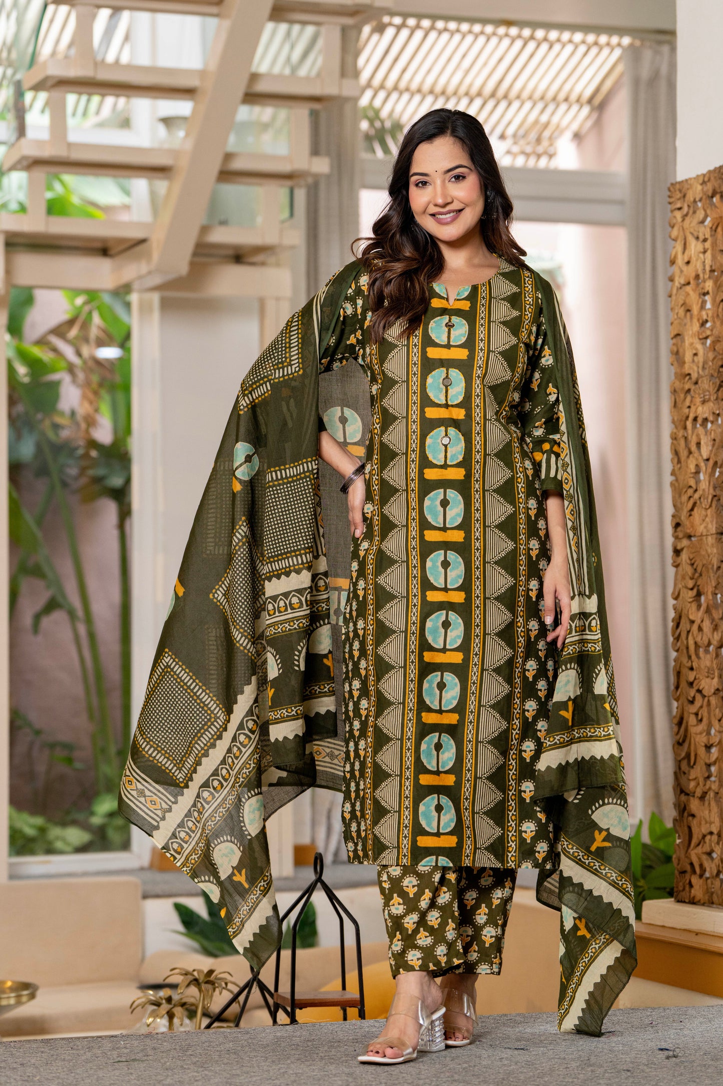 Dark Green Printed Handwork Cotton Suit Set with Dupatta