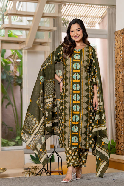 Dark Green Printed Handwork Cotton Suit Set with Dupatta