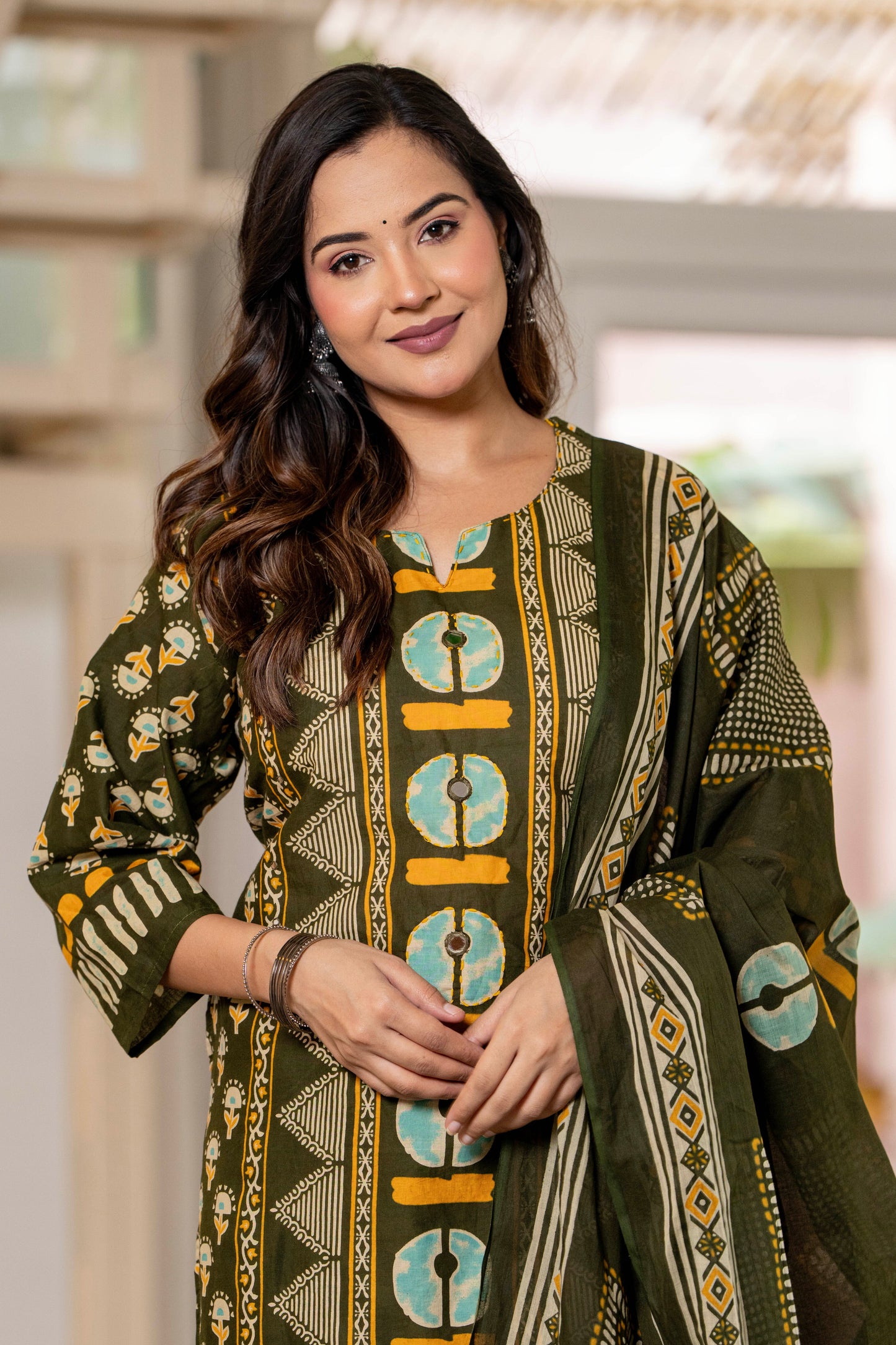Dark Green Printed Handwork Cotton Suit Set with Dupatta