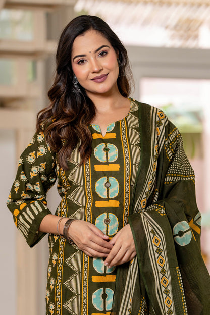 Dark Green Printed Handwork Cotton Suit Set with Dupatta