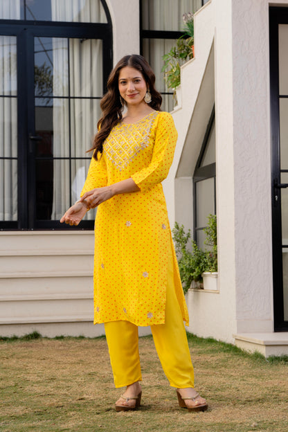 Yellow Embroidered Rayon Kurta and Pant Set Dupatta