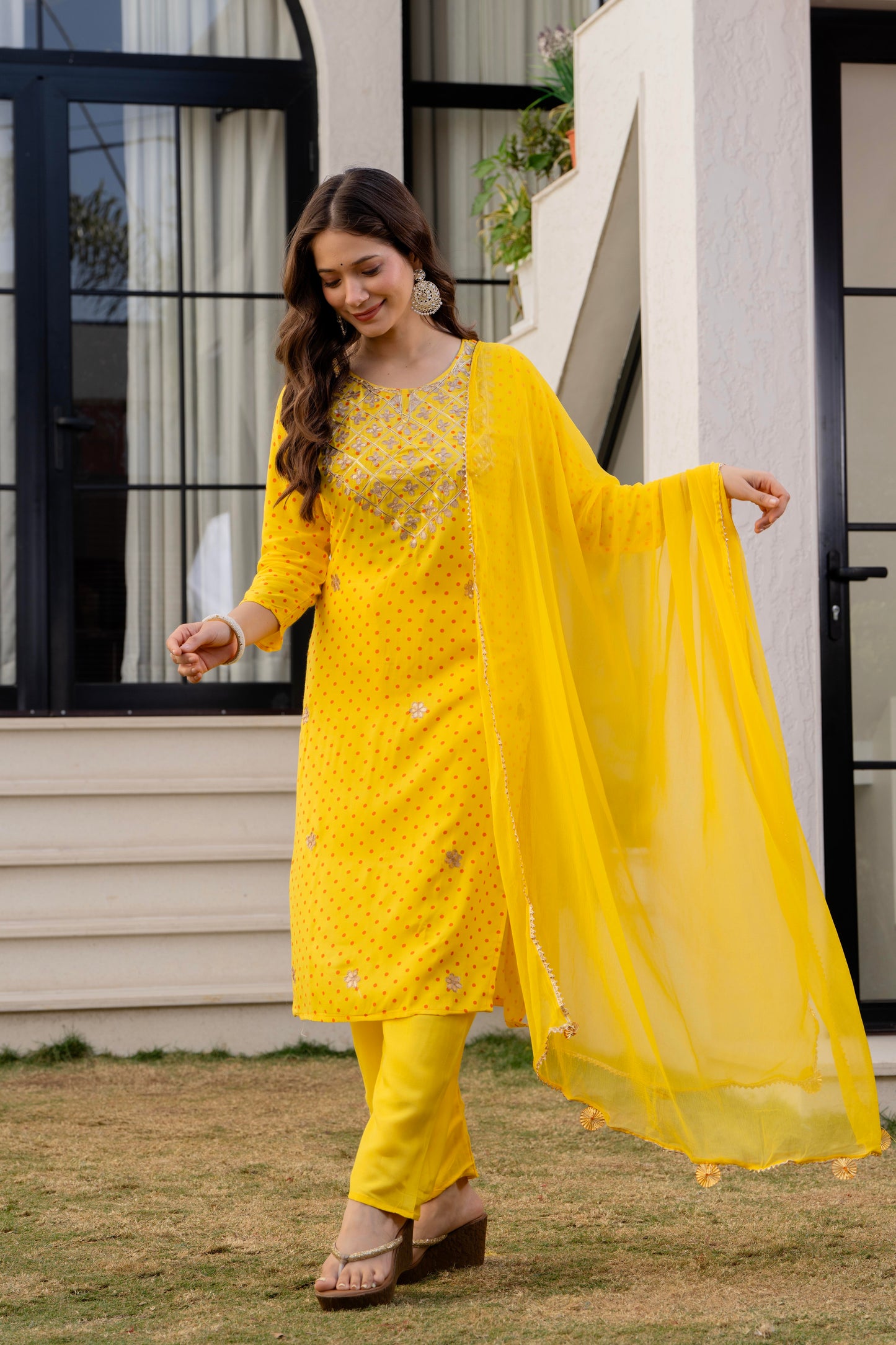 Yellow Embroidered Rayon Kurta and Pant Set Dupatta
