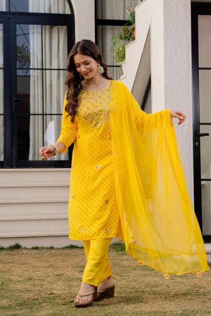Yellow Embroidered Rayon Kurta and Pant Set Dupatta