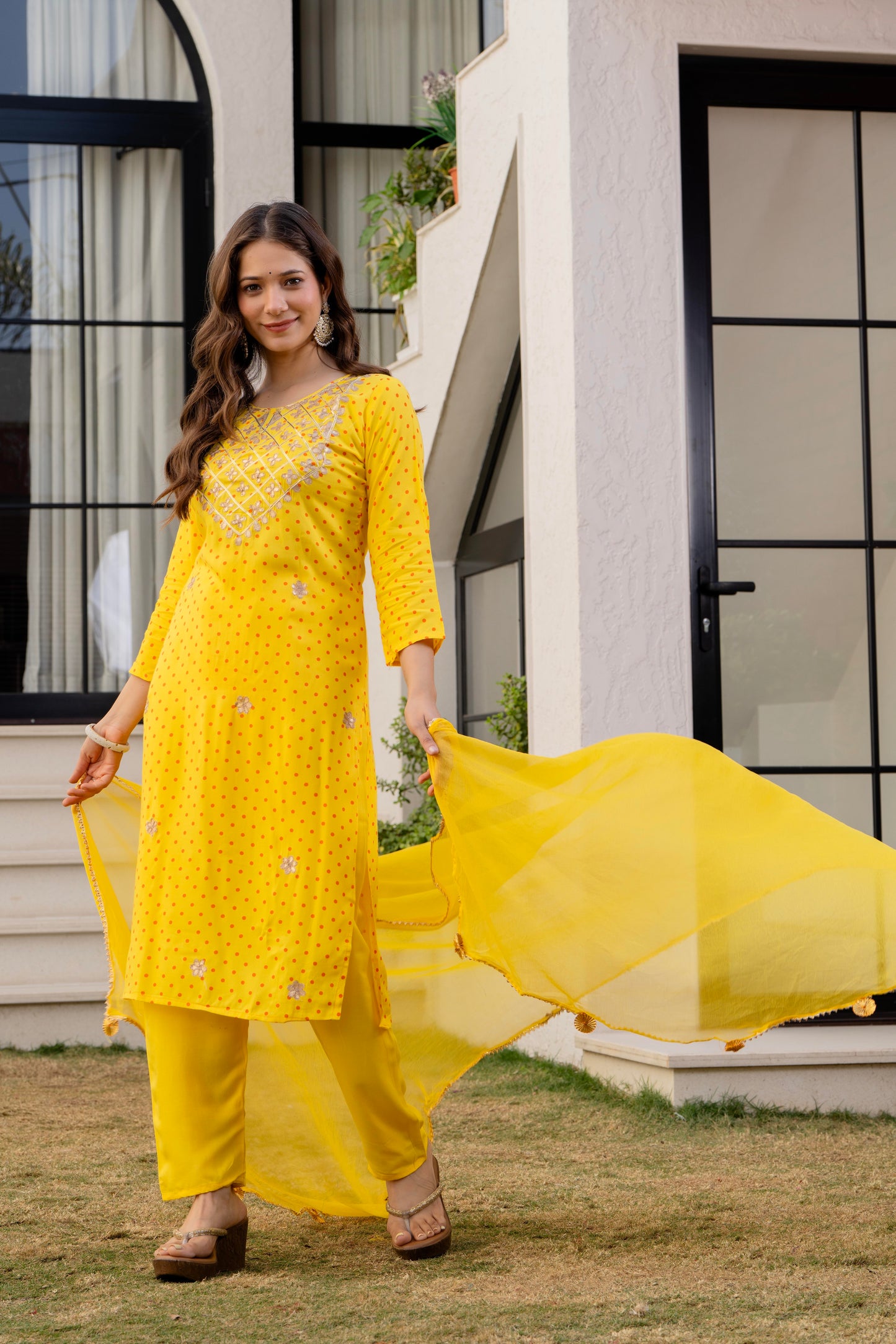 Yellow Embroidered Rayon Kurta and Pant Set Dupatta