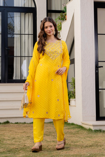 Yellow Embroidered Rayon Kurta and Pant Set Dupatta