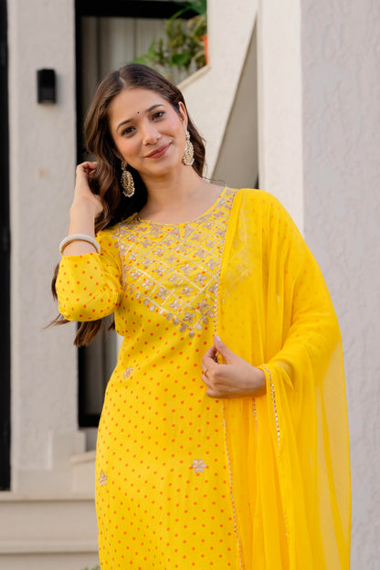 Yellow Embroidered Rayon Kurta and Pant Set Dupatta