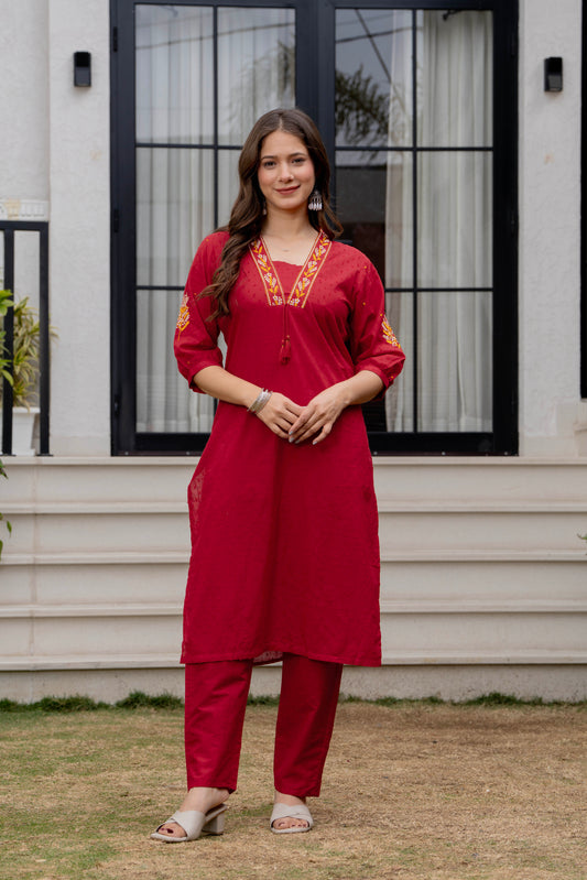 Brick Red Embroidered Ram Boota Kurta and Pant Set