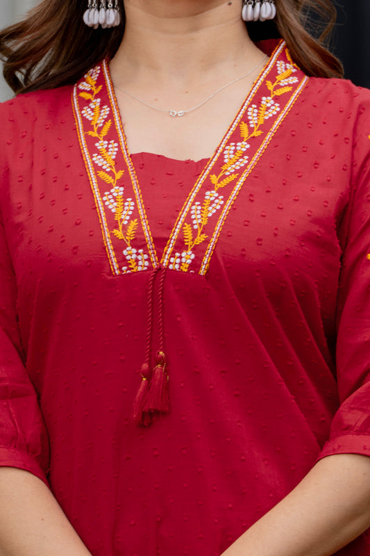 Brick Red Embroidered Ram Boota Kurta and Pant Set