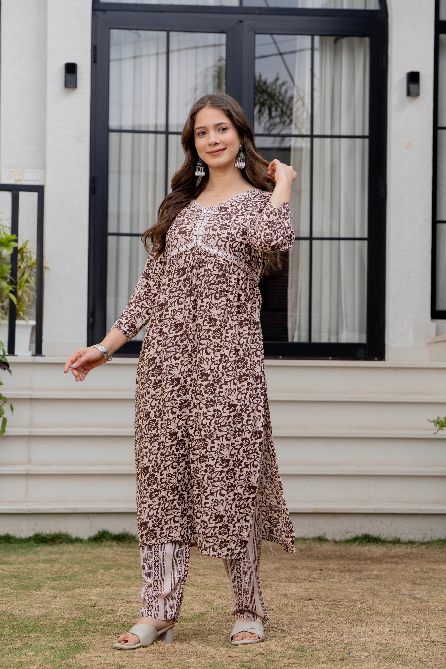 Soft Amber Printed Rayon Kurta and Pant Set