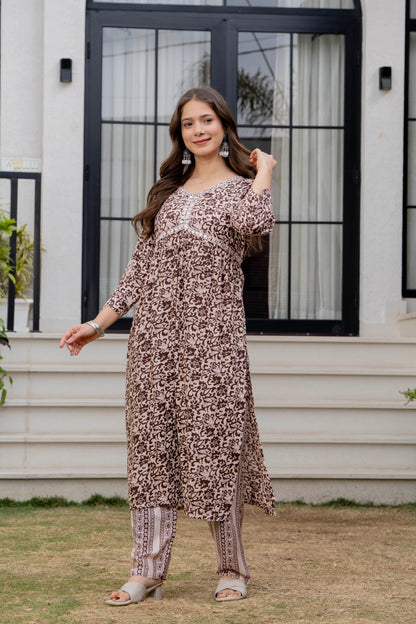 Soft Amber Printed Rayon Kurta and Pant Set