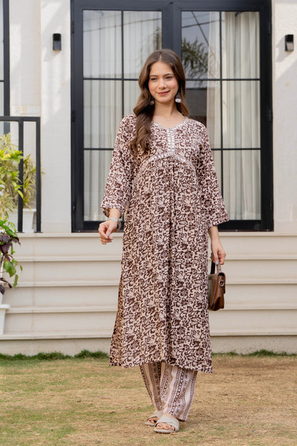 Soft Amber Printed Rayon Kurta and Pant Set