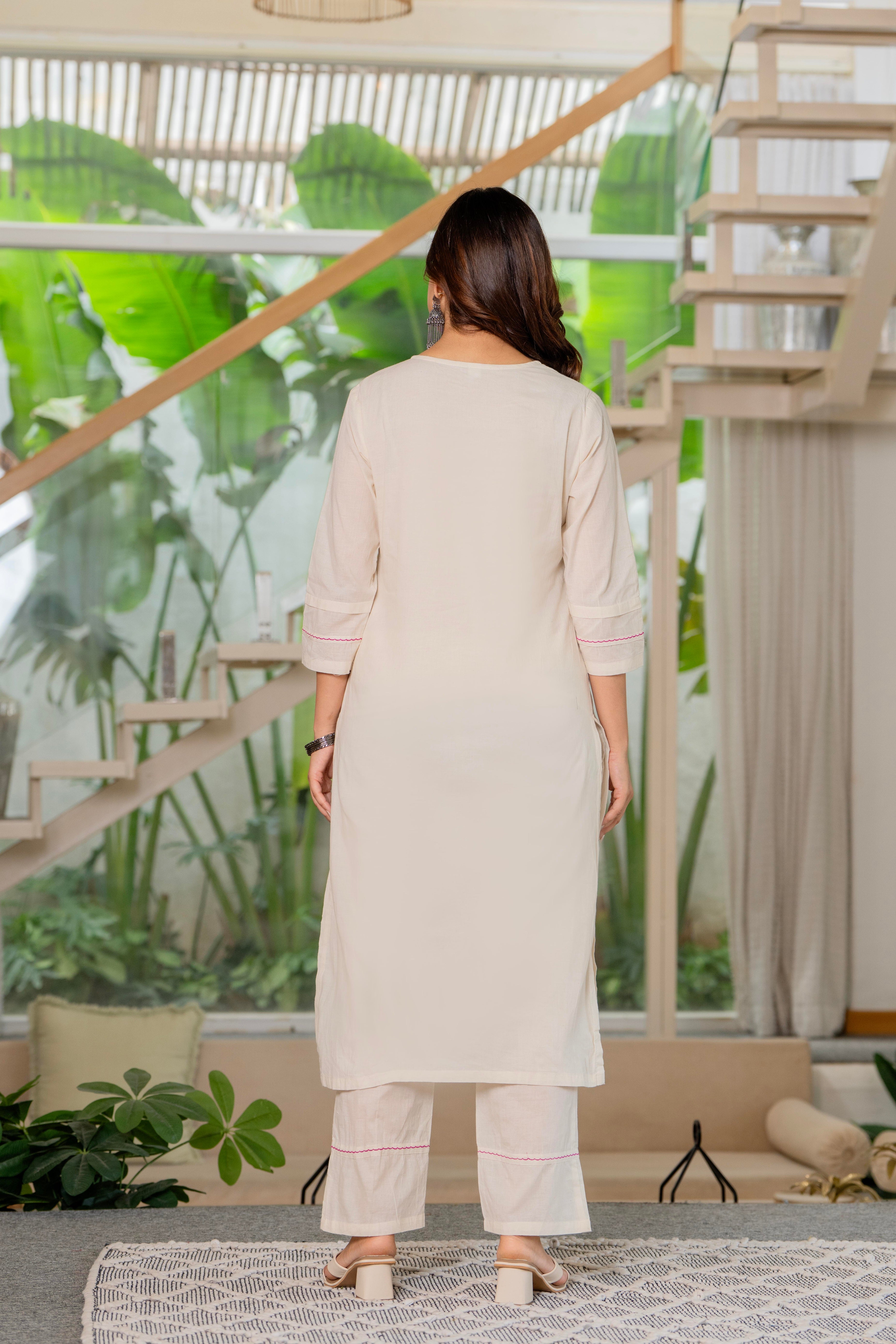 Off White Embroidered Cotton Kurta and Pant Set