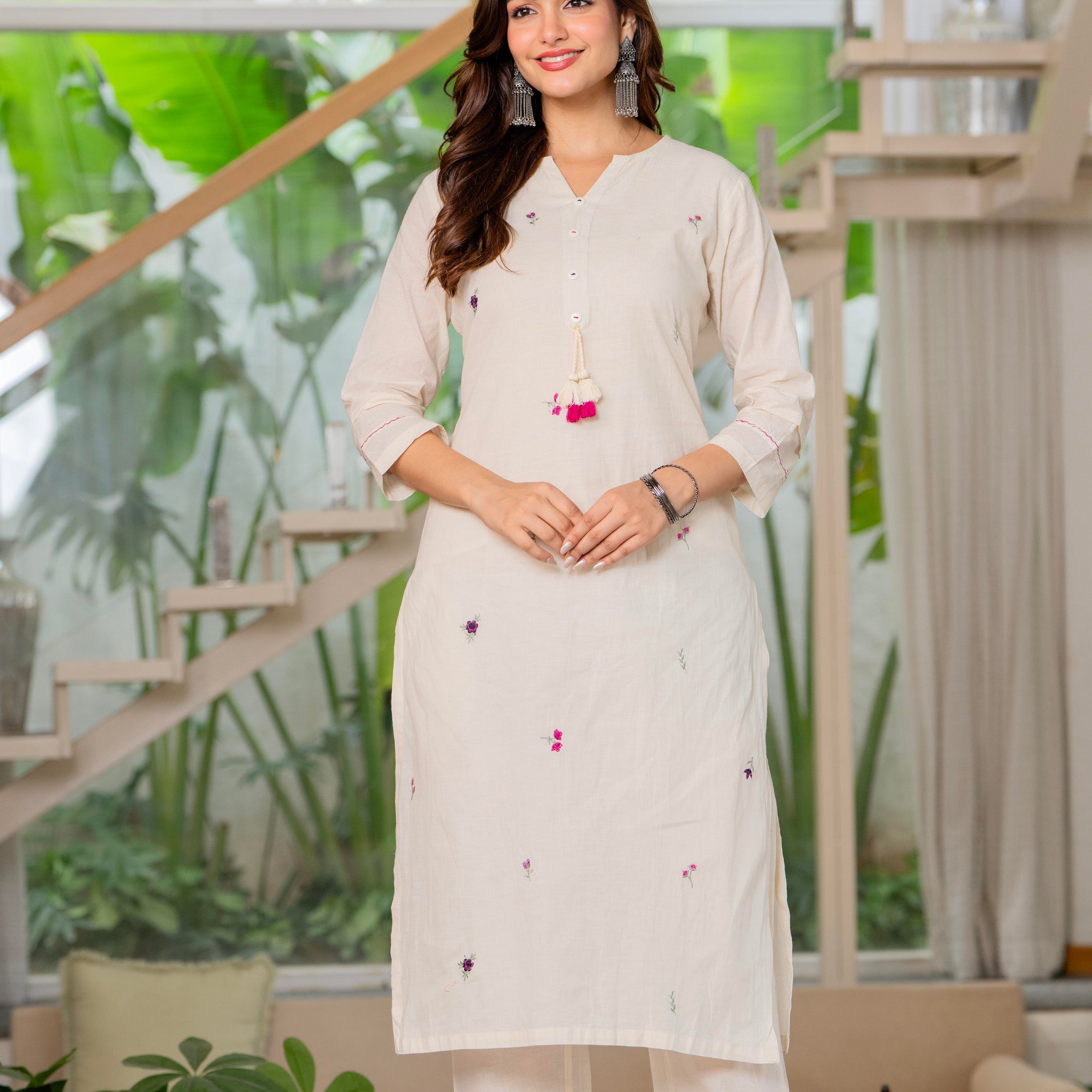 Off White Embroidered Cotton Kurta and Pant Set