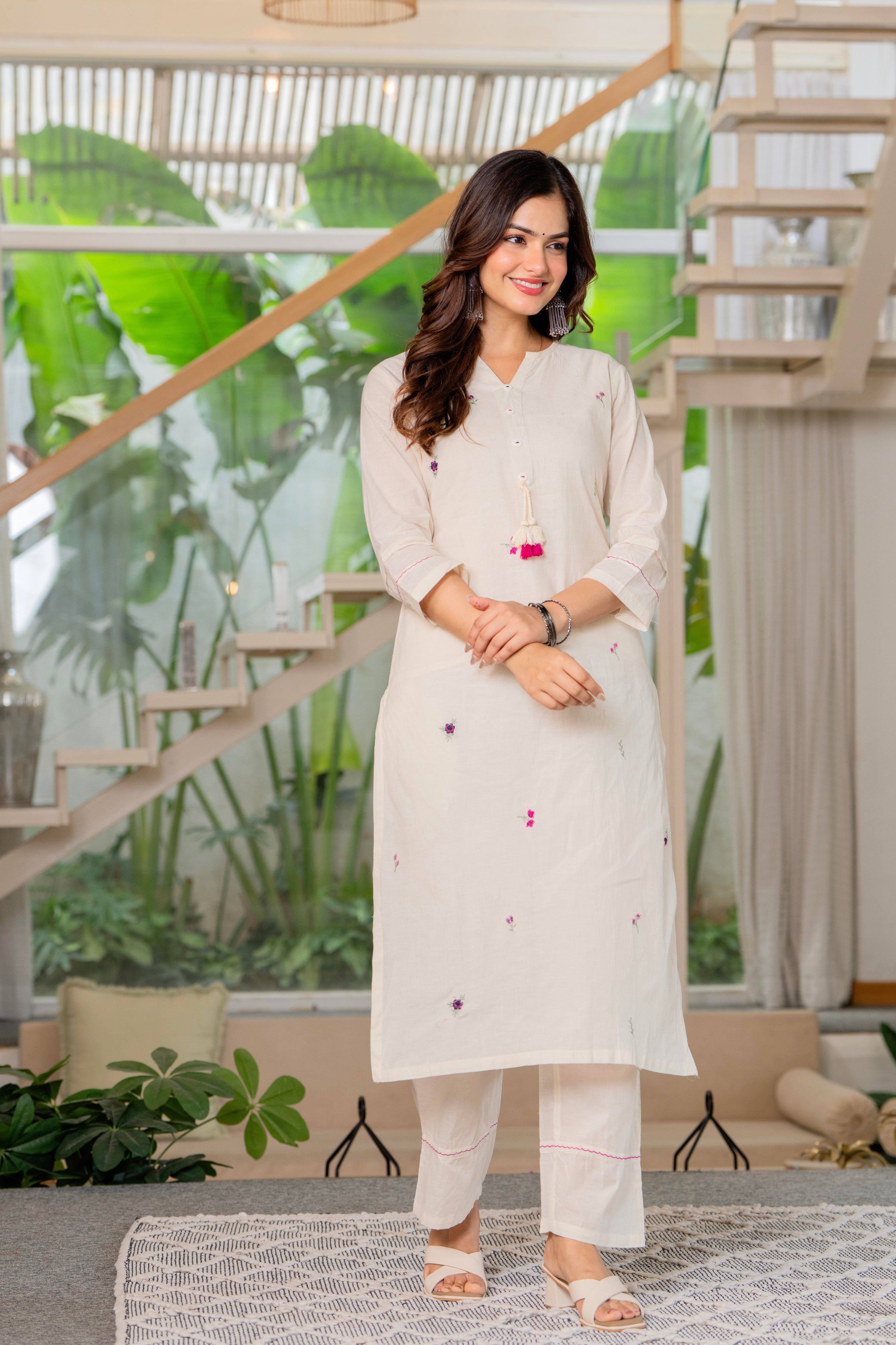 Off White Embroidered Cotton Kurta and Pant Set